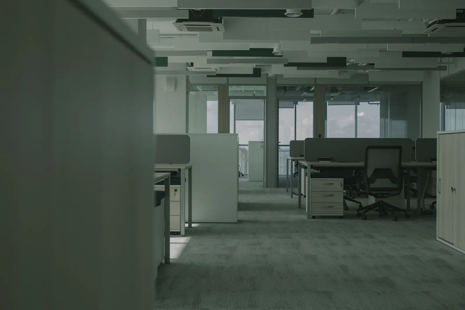 Furniture and fixtures staged for installation in a newly built-out office space