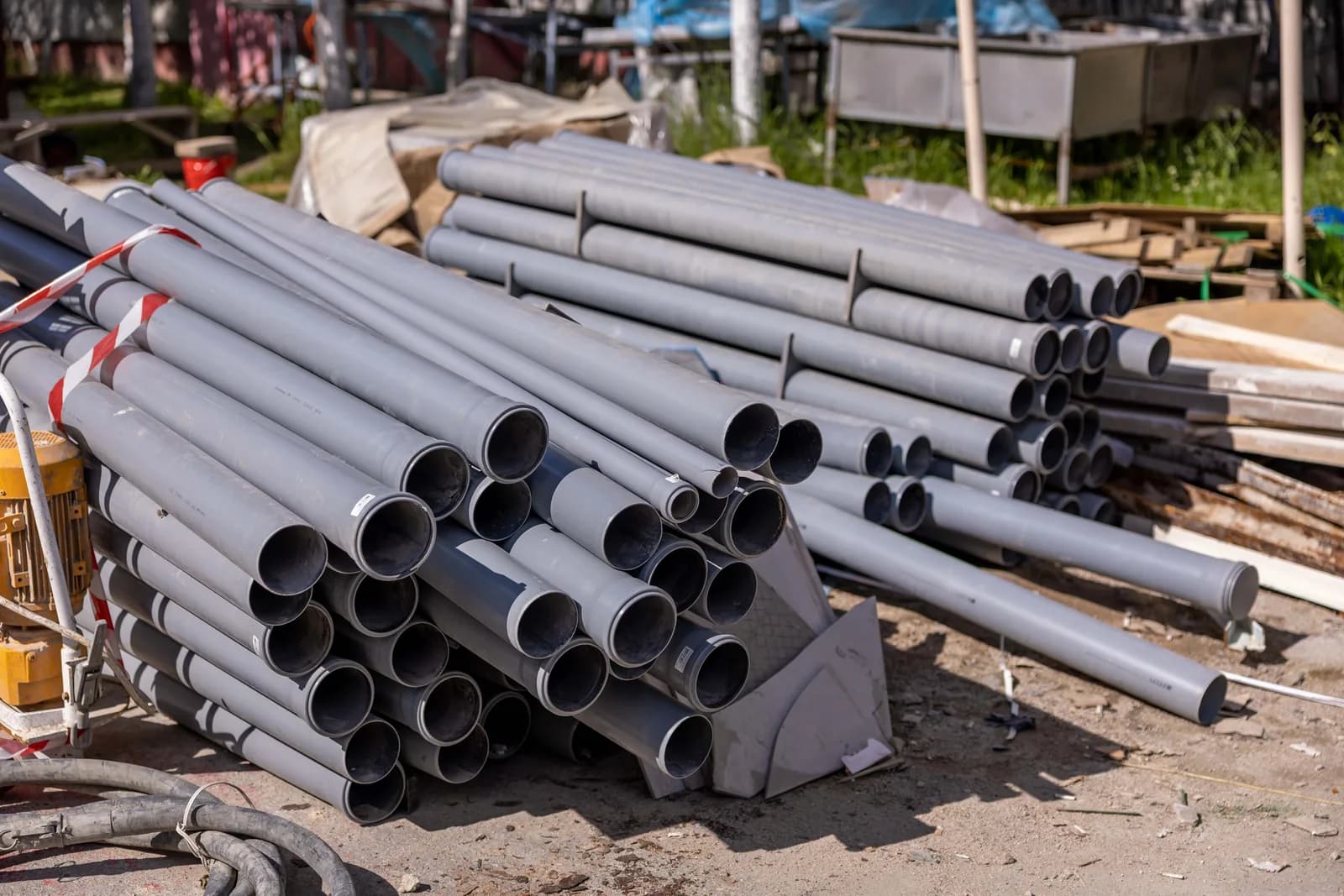Palletized construction materials staged for delivery