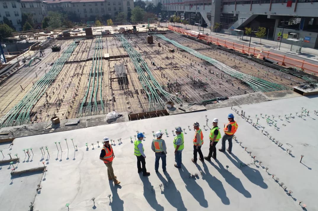 Aerial view of a reinforced concrete foundation pour with a construction crew reviewing the site